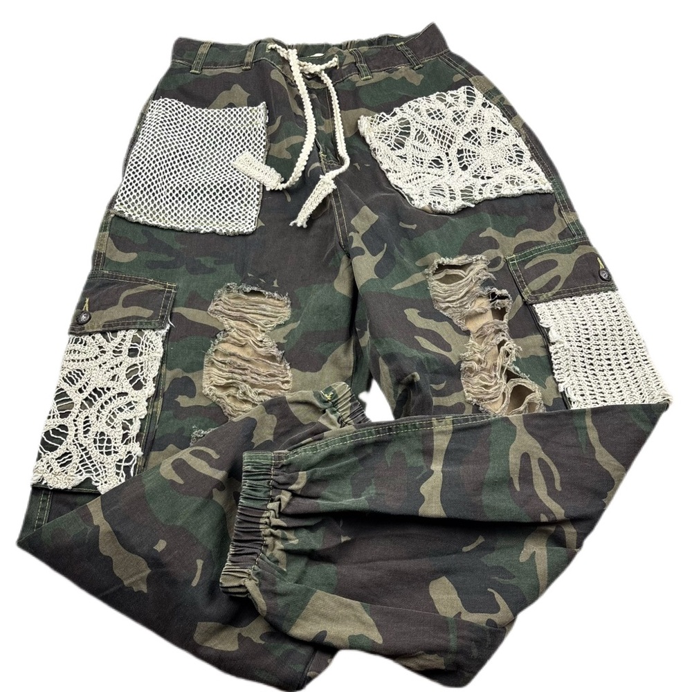 POL Camouflage Cargo Pants with Crochet Patches - Green & Brown
